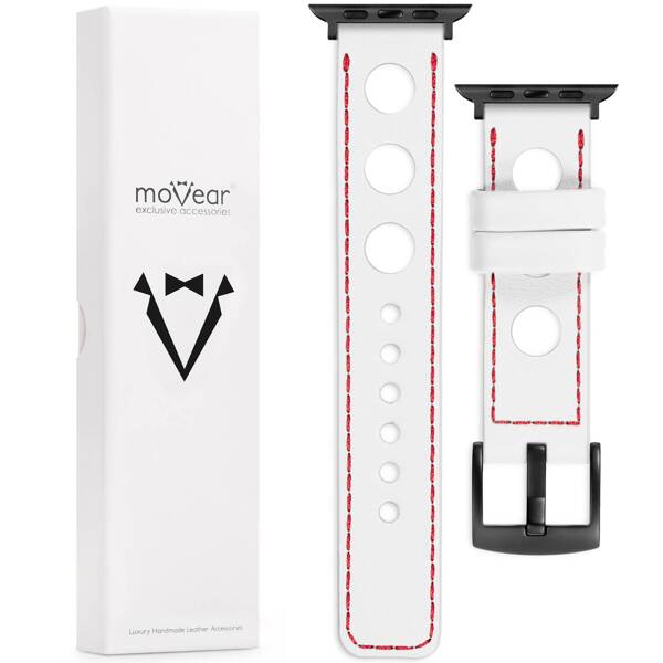 moVear Prestige R1 22mm White Leather strap for Apple Watch 10 / 9 / 8 / 7 / 6 / 5 / 4 / SE (46/45/44mm) & Ultra (49mm) | White stitching [sizes XS-XXL and buckle to choose from]