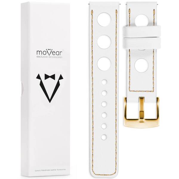 moVear Prestige R1 22mm leather watch strap | White, White stitching [sizes XS-XXL and buckle to choose from]