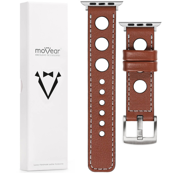 moVear Prestige R1 24mm Brown Leather strap for Apple Watch 10 / 9 / 8 / 7 / 6 / 5 / 4 / SE (46/45/44mm) & Ultra (49mm) | Brown stitching [sizes XS-XXL and buckle to choose from]