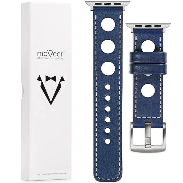 moVear Prestige R1 24mm Navy blue Leather strap for Apple Watch 10 / 9 / 8 / 7 / 6 / 5 / 4 / SE (46/45/44mm) & Ultra (49mm) | Navy blue stitching [sizes XS-XXL and buckle to choose from]