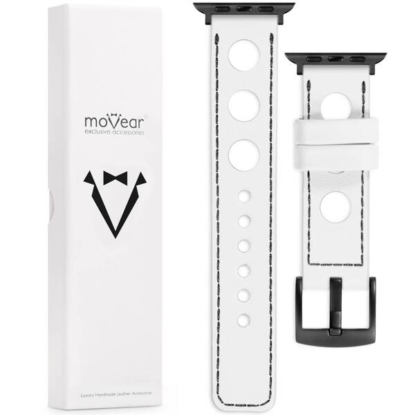 moVear Prestige R1 24mm White Leather strap for Apple Watch 10 / 9 / 8 / 7 / 6 / 5 / 4 / SE (46/45/44mm) & Ultra (49mm) | White stitching [sizes XS-XXL and buckle to choose from]