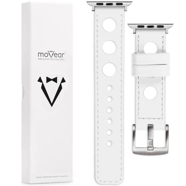 moVear Prestige R1 24mm White Leather strap for Apple Watch 10 / 9 / 8 / 7 / 6 / 5 / 4 / SE (46/45/44mm) & Ultra (49mm) | White stitching [sizes XS-XXL and buckle to choose from]