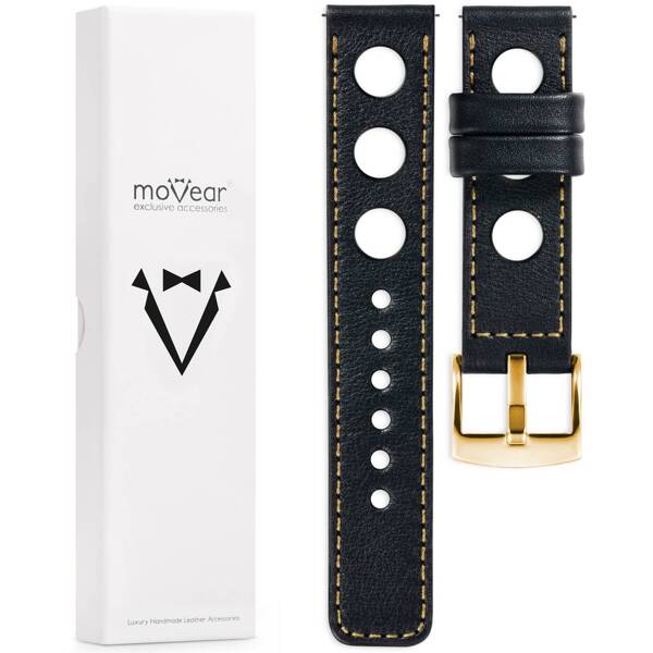 moVear Prestige R1 24mm leather watch strap | Black, Black stitching [sizes XS-XXL and buckle to choose from]