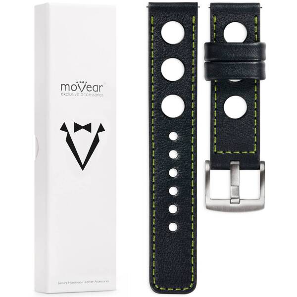 moVear Prestige R1 24mm leather watch strap | Black, Black stitching [sizes XS-XXL and buckle to choose from]