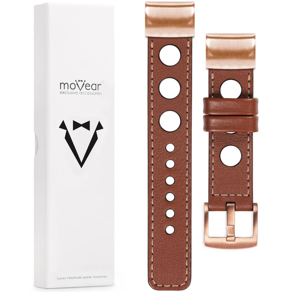 moVear Prestige R1 Leather strap for Garmin QuickFit 20mm (Fenix / Instinct - 43/42/40mm) Brown, Brown stitching [sizes XS-XXL and buckle to choose from]