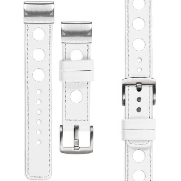 moVear Prestige R1 Leather strap for Garmin QuickFit 20mm (Fenix / Instinct - 43/42/40mm) White, White stitching [sizes XS-XXL and buckle to choose from]