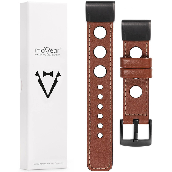 moVear Prestige R1 Leather strap for Garmin QuickFit 26mm (Fenix / Epix / Quatix / Tactix / Enduro - 51mm) Brown, Brown stitching [sizes XS-XXL and buckle to choose from]