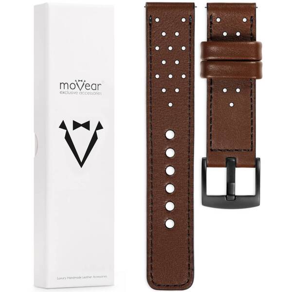 moVear Prestige R2 18mm Dark brown Leather strap for Garmin Vivoactive 4S, Venu 3S/2S, Vívomove 3S | Dark brown stitching [sizes XS-XXL and buckle to choose from]