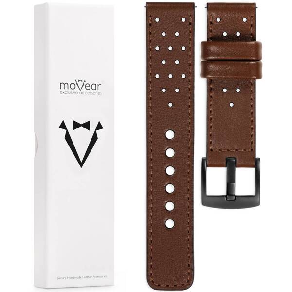 moVear Prestige R2 20mm Dark brown Leather strap for Samsung Galaxy Watch 7 / 6 / 5 / 4 / 3 & Pro / FE / Classic / Active | Dark brown stitching [sizes XS-XXL and buckle to choose from]