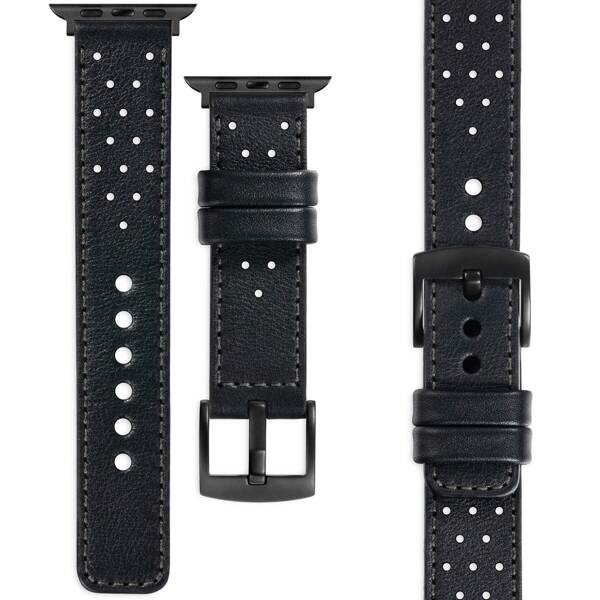 moVear Prestige R2 24mm Black Leather strap for Apple Watch 10 / 9 / 8 / 7 / 6 / 5 / 4 / SE (46/45/44mm) & Ultra (49mm) | Black stitching [sizes XS-XXL and buckle to choose from]