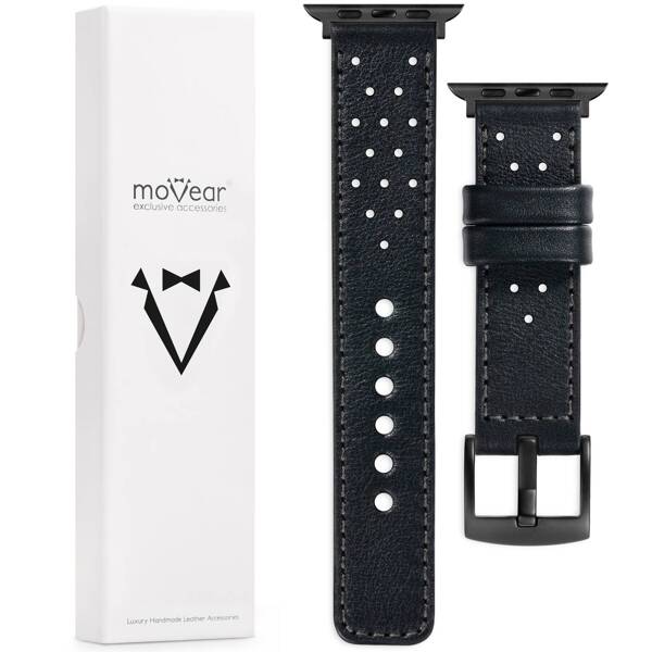 moVear Prestige R2 24mm Black Leather strap for Apple Watch 10 / 9 / 8 / 7 / 6 / 5 / 4 / SE (46/45/44mm) & Ultra (49mm) | Black stitching [sizes XS-XXL and buckle to choose from]