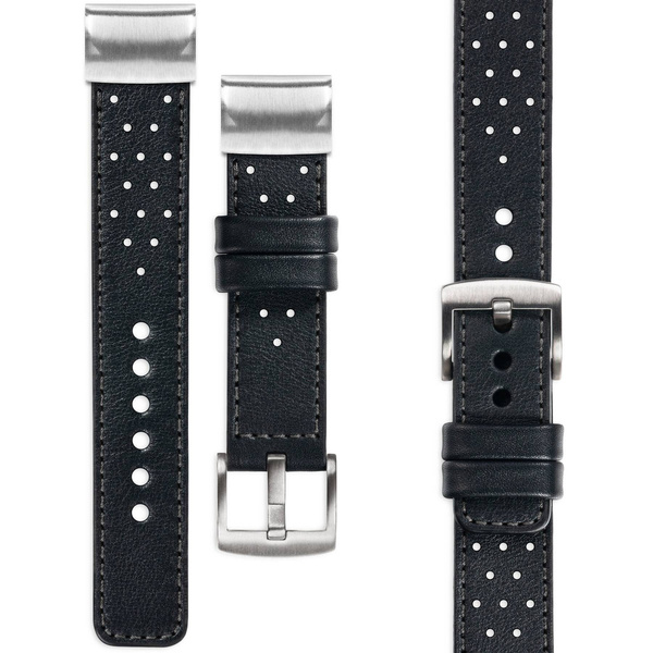 moVear Prestige R2 Leather strap for Garmin QuickFit 20mm (Fenix / Instinct - 43/42/40mm) Black, Black stitching [sizes XS-XXL and buckle to choose from]