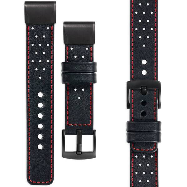 moVear Prestige R2 Leather strap for Garmin QuickFit 20mm (Fenix / Instinct - 43/42/40mm) Black, Black stitching [sizes XS-XXL and buckle to choose from]