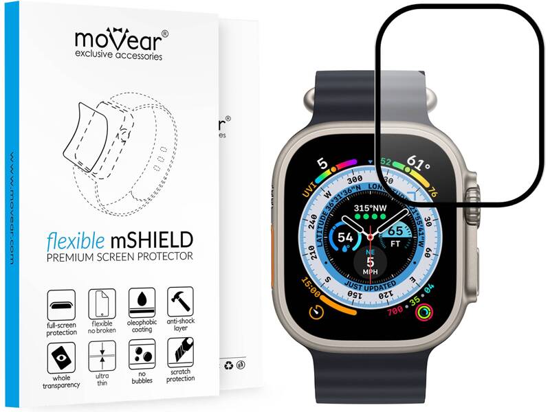 moVear flexible mSHIELD 2D for Apple Watch Ultra (49mm) (1.92"). Armored hybrid glass.