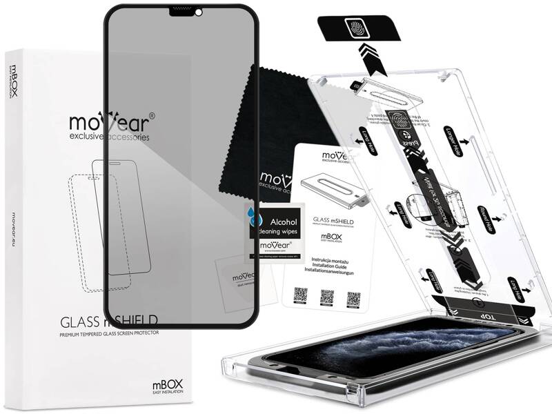 moVear mBOX GLASS mSHIELD 2.5D MAX privacy for Apple iPhone 11 Pro / Xs / X (5.8") (Anti spy, with Applicator)