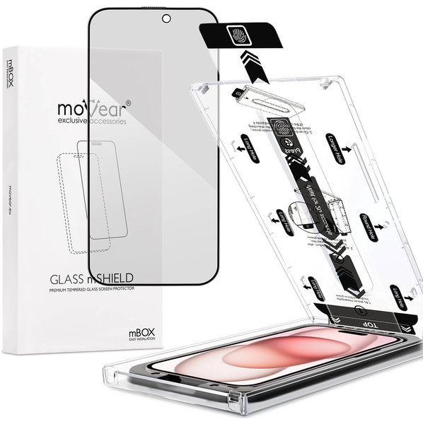 moVear mBOX GLASS mSHIELD 2.5D MAX privacy for Apple iPhone 16 / 15 (6,1") (Anti spy, with Applicator)