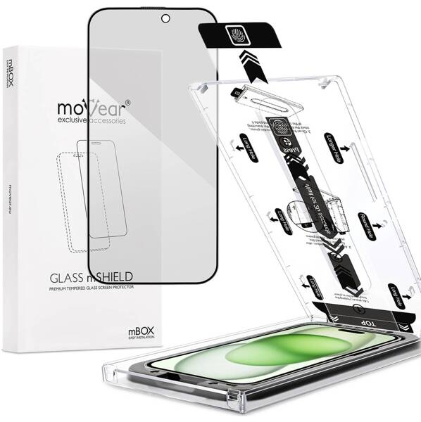 moVear mBOX GLASS mSHIELD 2.5D MAX privacy for Apple iPhone 16 Plus / 15 Plus (6.7") (Anti spy, with Applicator)