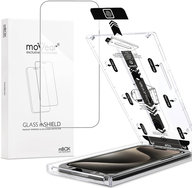 moVear mBOX GLASS mSHIELD 2.5D for Apple iPhone 16 / 15 / 15 Pro (6.1") (easy installation)