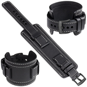 moVear Prestige CW1 18mm Breites Lederarmband mit Polster | Schwarz, Schwarz Nähte [Größen XS-XXL und Schnalle zur Auswahl]