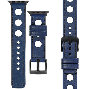 moVear Prestige R1 22mm Navy blau Lederarmband für Apple Watch 10 / 9 / 8 / 7 / 6 / 5 / 4 / SE (46/45/44mm) & Ultra (49mm) | Navy blau Nähte [Größen XS-XXL und Schnalle zur Auswahl]