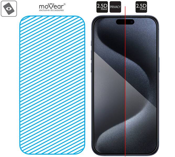 2 Stk. | moVear mBOX GLASS mSHIELD 2.5D MAX privacy für Apple iPhone 15 Pro Max (6.7") (Anti-Spionage, mit Applikator)