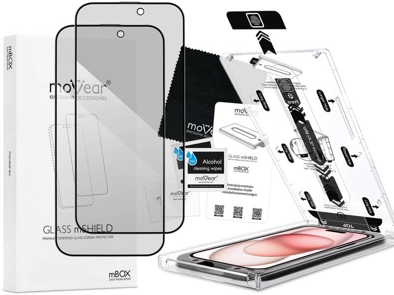 2 Stk. | moVear mBOX GLASS mSHIELD 2.5D MAX privacy für Apple iPhone 16 / 15 (6,1") (Anti-Spionage, mit Applikator)