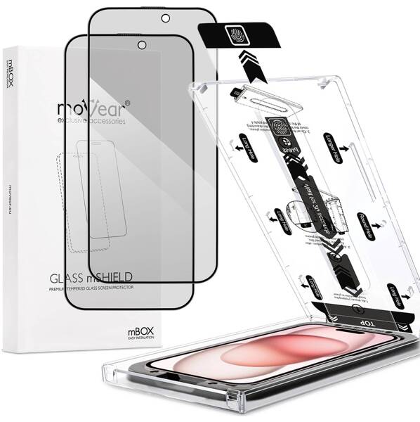 2 Stk. | moVear mBOX GLASS mSHIELD 2.5D MAX privacy für Apple iPhone 16 / 15 (6,1") (Anti-Spionage, mit Applikator)