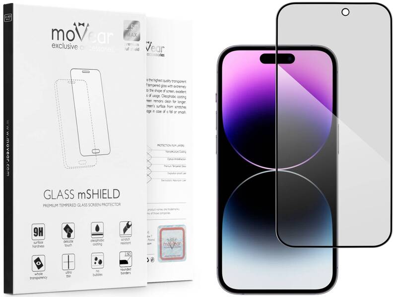 moVear GLASS mSHIELD 2.5D MAX privacy für Apple iPhone 14 Pro Max (6.7") | (Privatisierung, Handyhülle freundlich)