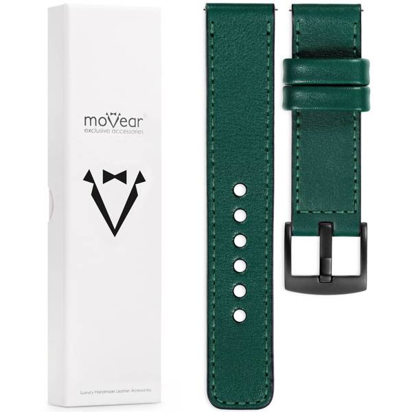 moVear Prestige C1 18mm Flaschengrün Lederarmband für Garmin Vivoactive 4S, Venu 3S/2S, Vívomove 3S | Flaschengrün Nähte [Größen XS-XXL und Schnalle zur Auswahl]