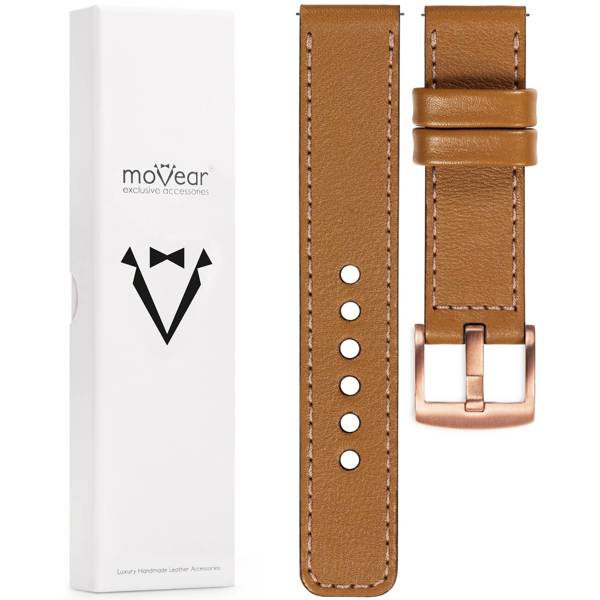 moVear Prestige C1 18mm Hellbraun Lederarmband für Garmin Vivoactive 4S, Venu 3S/2S, Vívomove 3S | Hellbraun Nähte [Größen XS-XXL und Schnalle zur Auswahl]