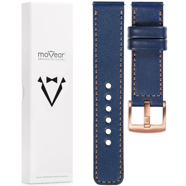 moVear Prestige C1 18mm Navy blau Lederarmband für Garmin Vivoactive 4S, Venu 3S/2S, Vívomove 3S | Navy blau Nähte [Größen XS-XXL und Schnalle zur Auswahl]