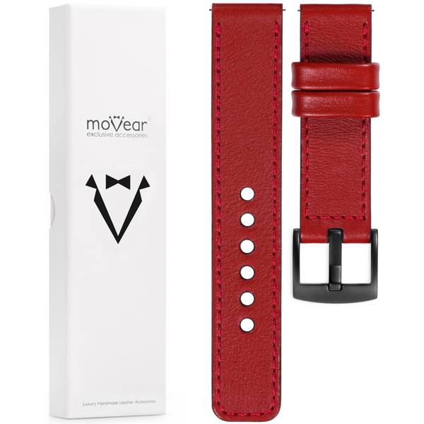 moVear Prestige C1 18mm Scharlachrot Lederarmband für Garmin Vivoactive 4S, Venu 3S/2S, Vívomove 3S | Scharlachrot Nähte [Größen XS-XXL und Schnalle zur Auswahl]