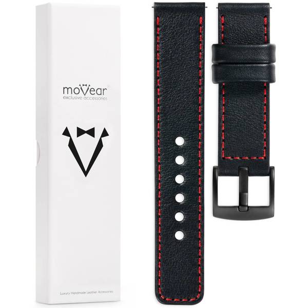 moVear Prestige C1 18mm Schwarz Lederarmband für Garmin Vivoactive 4S, Venu 3S/2S, Vívomove 3S | Schwarz Nähte [Größen XS-XXL und Schnalle zur Auswahl]