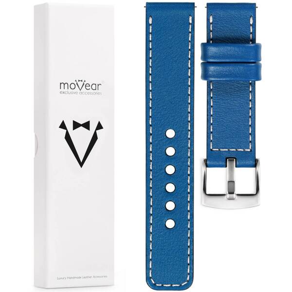 moVear Prestige C1 18mm Uhrenarmband aus Leder | Blau, Blau Nähte [Größen XS-XXL und Schnalle zur Auswahl]