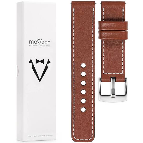 moVear Prestige C1 18mm Uhrenarmband aus Leder | Braun, Braun Nähte [Größen XS-XXL und Schnalle zur Auswahl]