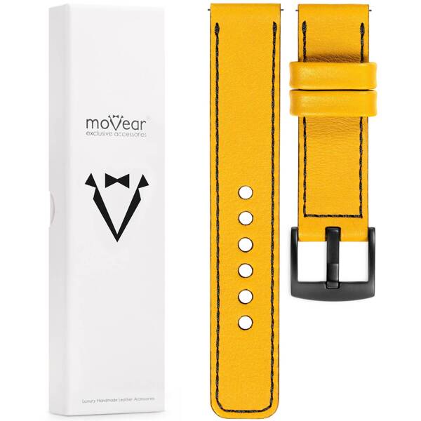 moVear Prestige C1 18mm Uhrenarmband aus Leder | Gelb, Gelb Nähte [Größen XS-XXL und Schnalle zur Auswahl]