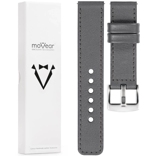 moVear Prestige C1 18mm Uhrenarmband aus Leder | Grau, Grau Nähte [Größen XS-XXL und Schnalle zur Auswahl]