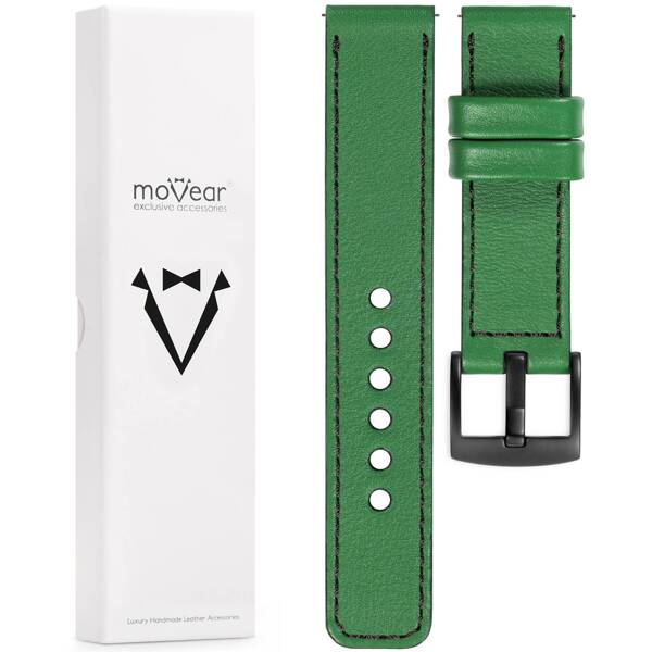 moVear Prestige C1 18mm Uhrenarmband aus Leder | Grün, Grün Nähte [Größen XS-XXL und Schnalle zur Auswahl]