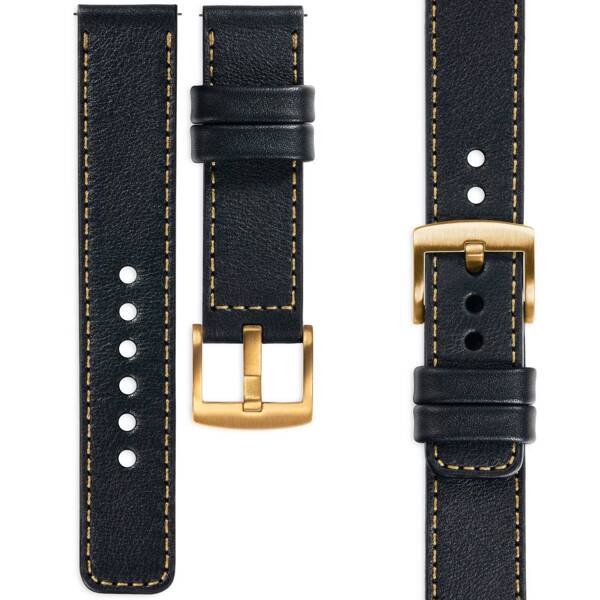 moVear Prestige C1 18mm Uhrenarmband aus Leder | Schwarz, Schwarz Nähte [Größen XS-XXL und Schnalle zur Auswahl]