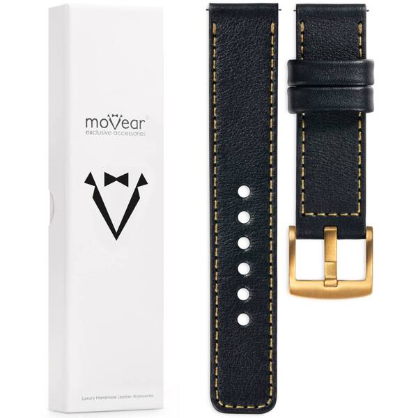 moVear Prestige C1 18mm Uhrenarmband aus Leder | Schwarz, Schwarz Nähte [Größen XS-XXL und Schnalle zur Auswahl]