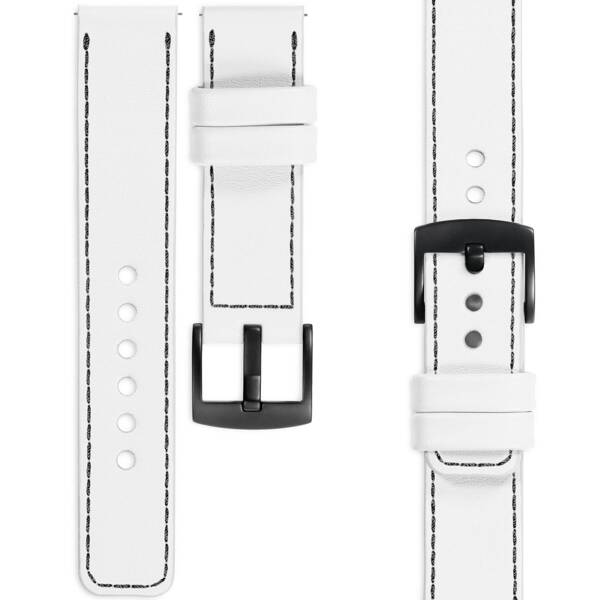 moVear Prestige C1 18mm Uhrenarmband aus Leder | Weiß, Weiß Nähte [Größen XS-XXL und Schnalle zur Auswahl]