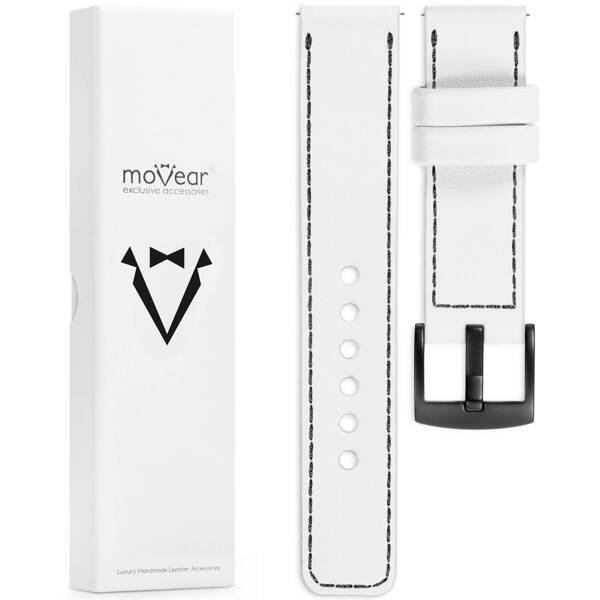 moVear Prestige C1 18mm Uhrenarmband aus Leder | Weiß, Weiß Nähte [Größen XS-XXL und Schnalle zur Auswahl]