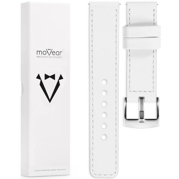 moVear Prestige C1 18mm Uhrenarmband aus Leder | Weiß, Weiß Nähte [Größen XS-XXL und Schnalle zur Auswahl]