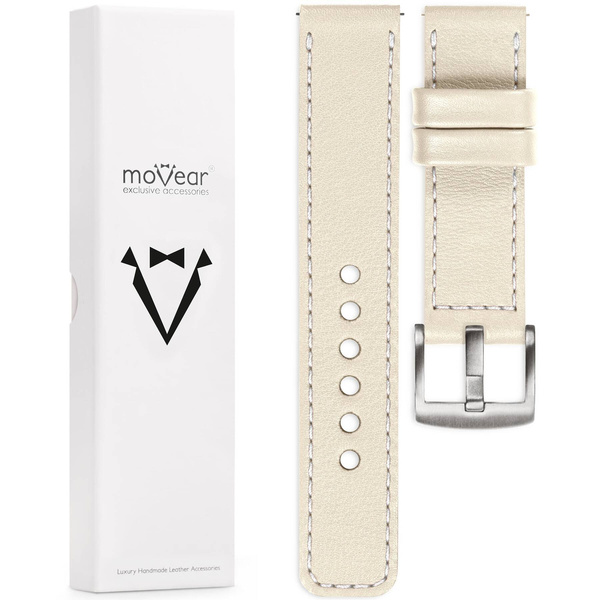 moVear Prestige C1 20mm Beige Lederarmband für Samsung Galaxy Watch 7 / 6 / 5 / 4 / 3 & Pro / FE / Classic / Active | Beige Nähte [Größen XS-XXL und Schnalle zur Auswahl]