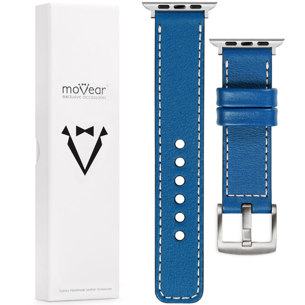 moVear Prestige C1 20mm Blau Lederarmband für Apple Watch 10 / 9 / 8 / 7 / 6 / 5 / 4 / SE (46/45/44mm) & Ultra (49mm) | Blau Nähte [Größen XS-XXL und Schnalle zur Auswahl]