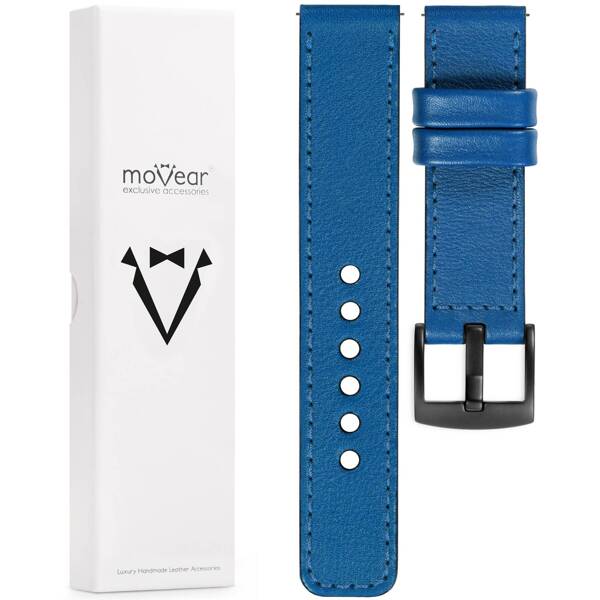 moVear Prestige C1 20mm Blau Lederarmband für Huawei Watch GT 3 2 1 (42mm) / GT 3 Pro (43mm) | Blau Nähte [Größen XS-XXL und Schnalle zur Auswahl]