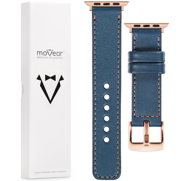 moVear Prestige C1 20mm Blaue Jeans Lederarmband für Apple Watch 10 / 9 / 8 / 7 / 6 / 5 / 4 / SE (46/45/44mm) & Ultra (49mm) | Blaue Jeans Nähte [Größen XS-XXL und Schnalle zur Auswahl]