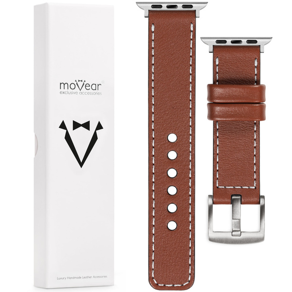 moVear Prestige C1 20mm Braun Lederarmband für Apple Watch 10 / 9 / 8 / 7 / 6 / 5 / 4 / SE (42/41/40mm) | Braun Nähte [Größen XS-XXL und Schnalle zur Auswahl]