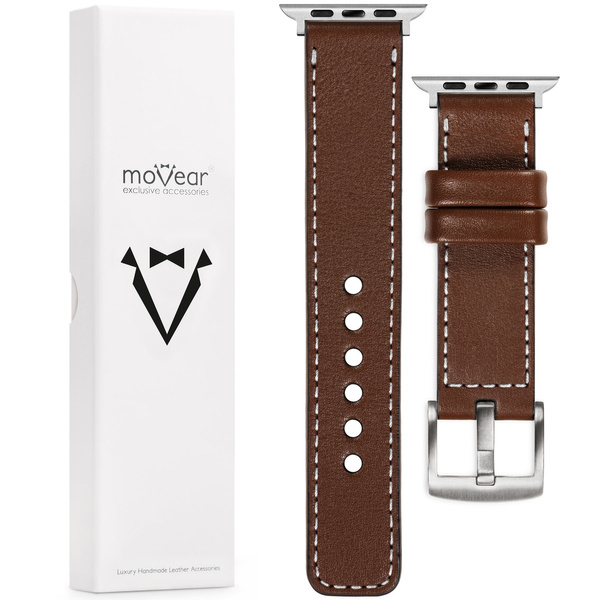 moVear Prestige C1 20mm Dunkelbraun Lederarmband für Apple Watch 10 / 9 / 8 / 7 / 6 / 5 / 4 / SE (42/41/40mm) | Dunkelbraun Nähte [Größen XS-XXL und Schnalle zur Auswahl]