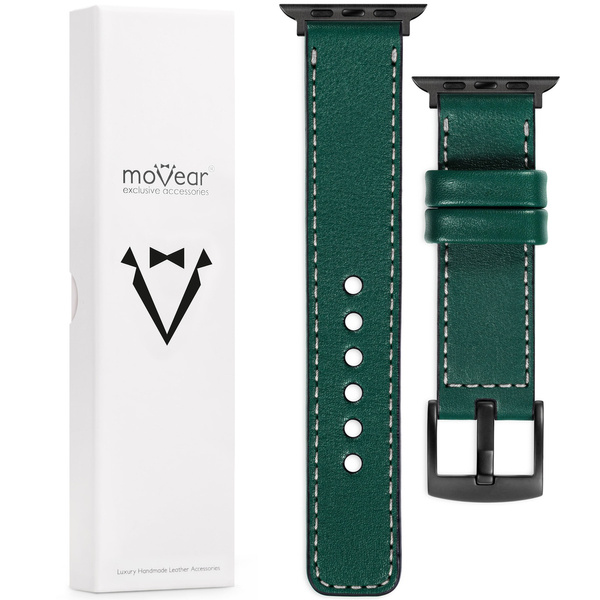 moVear Prestige C1 20mm Flaschengrün Lederarmband für Apple Watch 10 / 9 / 8 / 7 / 6 / 5 / 4 / SE (46/45/44mm) & Ultra (49mm) | Flaschengrün Nähte [Größen XS-XXL und Schnalle zur Auswahl]